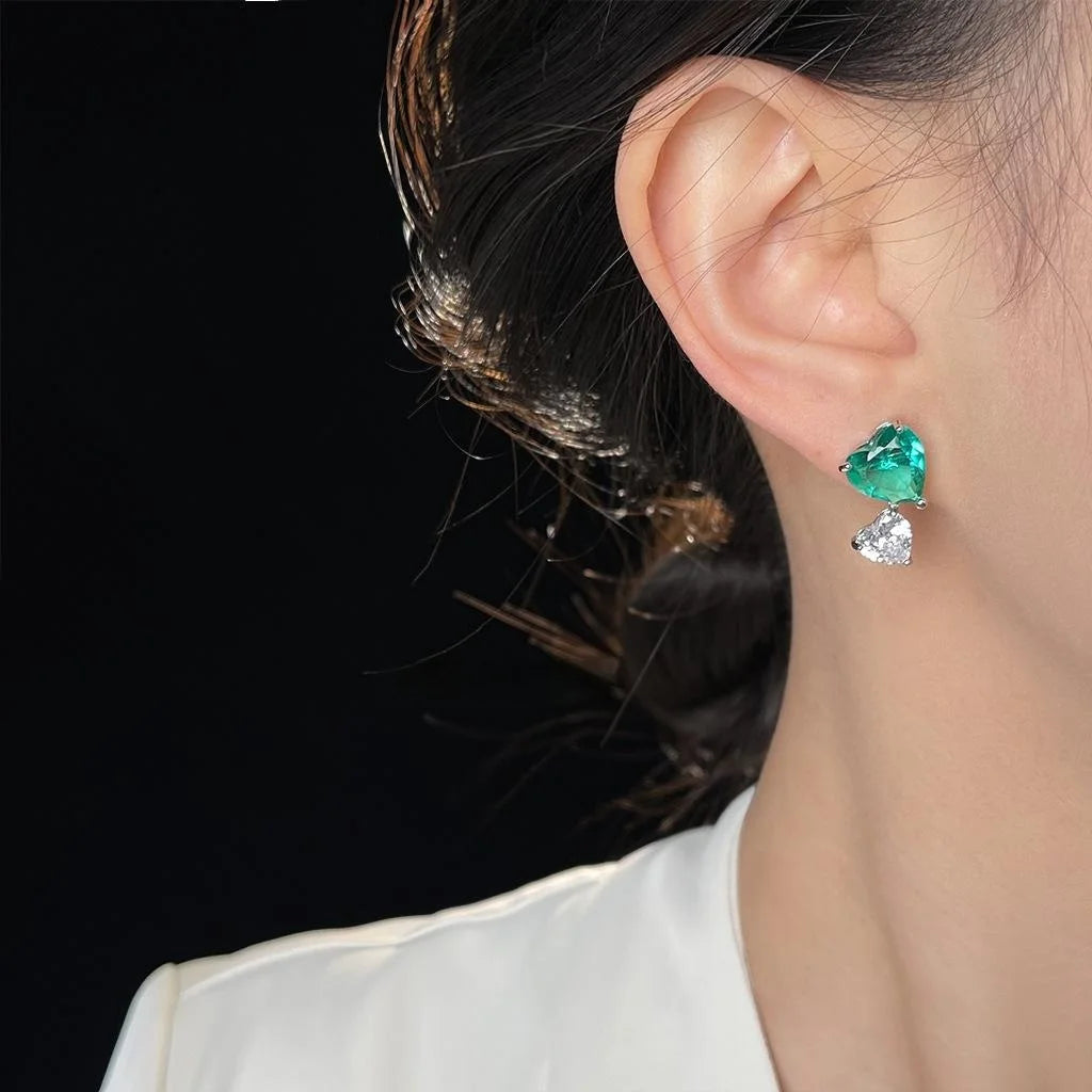 Vintage Green Zircon Heart Stud Earrings, Silver Plated Romantic Fashion Jewelry