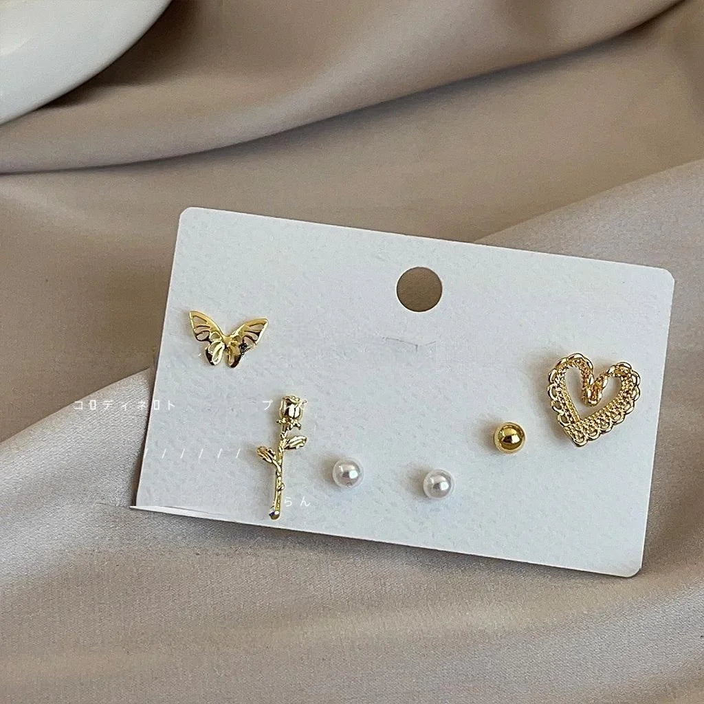 French Vintage Copper Mini Stud Earrings 6 Piece With Butterfly Rose Heart Designs