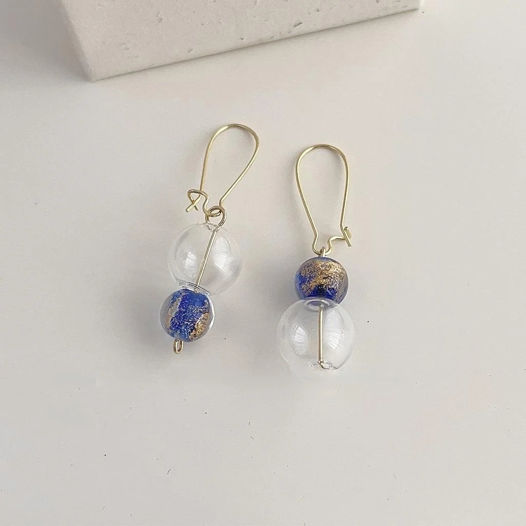 New Chinese Style Handmade Glass Crystal Asymmetric Indigo Geometric Round Drop Earrings