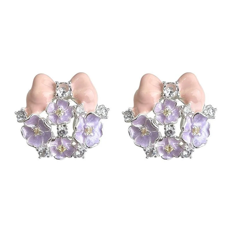Fresh Sweet Enamel Hand Painted Bow Flower Copper Zircon Stud Earrings