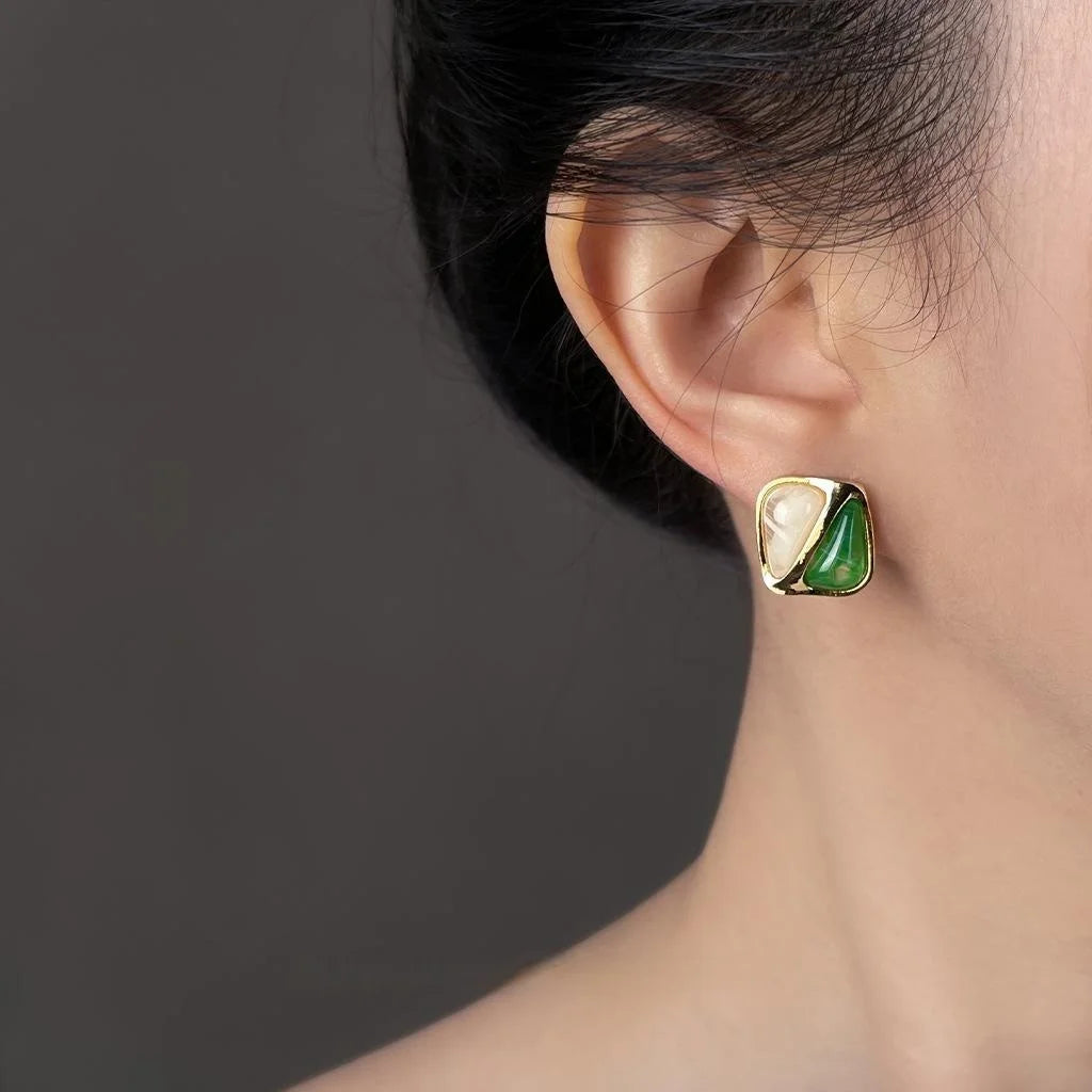 French Vintage Two-Tone Green Geometric Square Copper Stud Earrings For Women