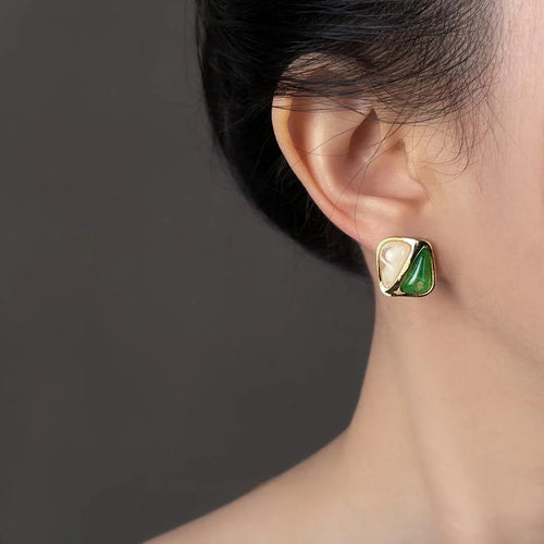 French Vintage Two-Tone Green Geometric Square Copper Stud Earrings For Women