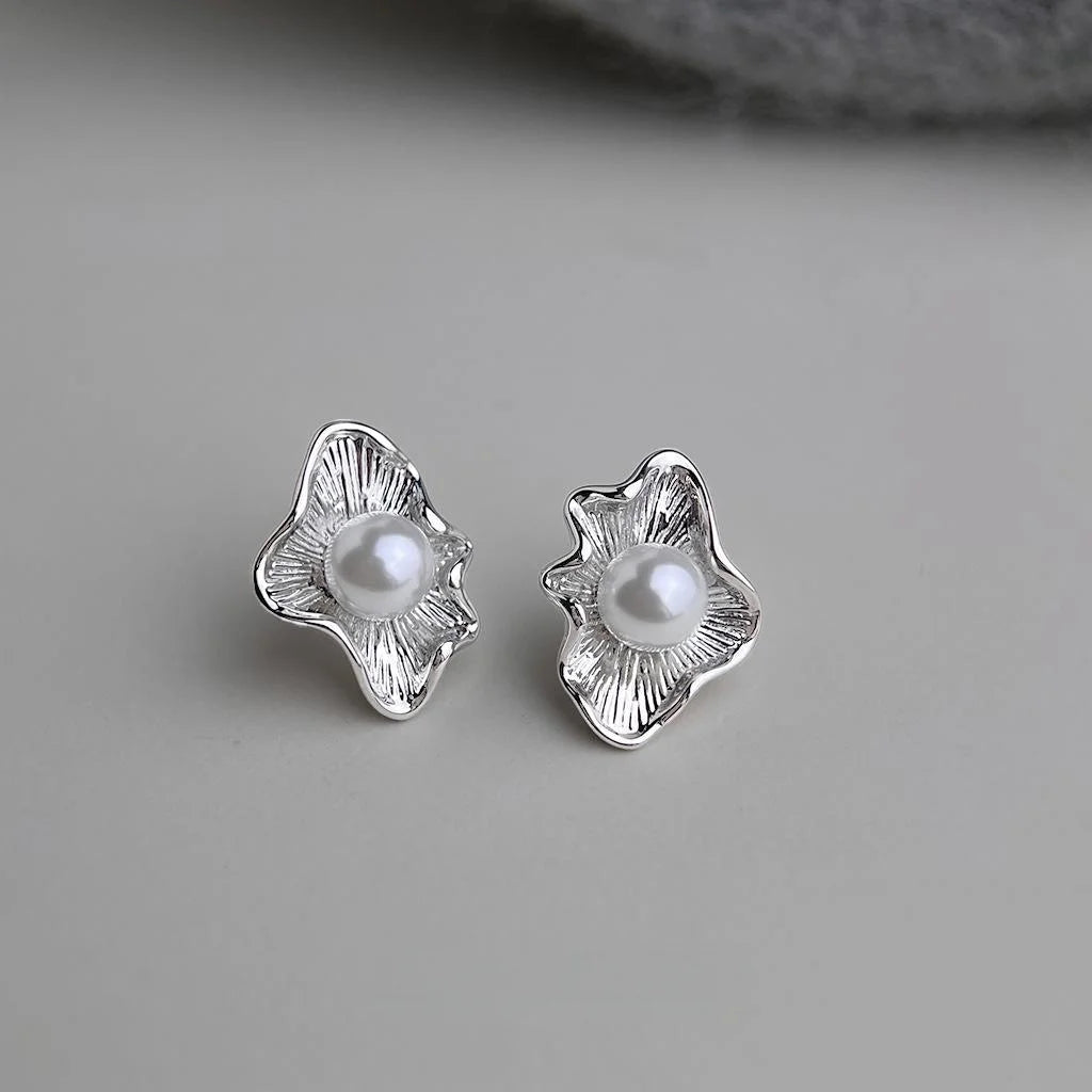 Minimalist Irregular Ruffle Leaf Glass Pearl Copper Stud Earrings Artistic Chic Jewelry