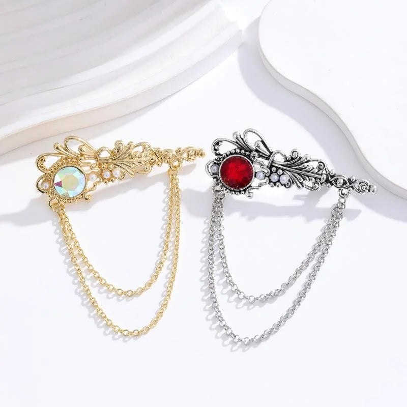 Vintage Alloy Safety Pin Brooch With Red Rhinestone And Chain Tassel, Elegant Lapel Pin Suit Accessory