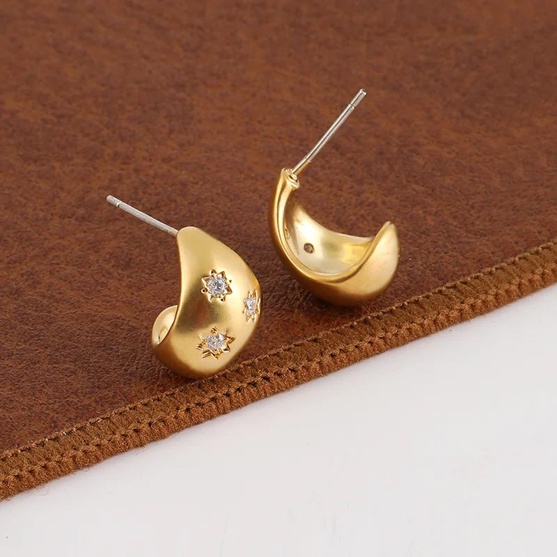 Elegant Matte Gold Alloy Waterdrop Bean Spiral Star Zircon Stud & Clip On No Piercing Earrings