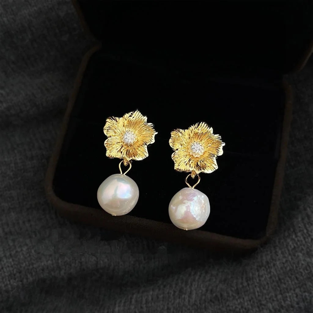 Baroque Freshwater Pearl Flower Stud Earrings Handmade Vintage Copper Jewelry For Women