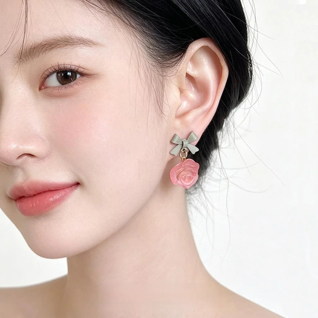 Sweet Frosted Rose Flower Enamel Bow Copper Stud Earrings Handmade Floral Jewelry