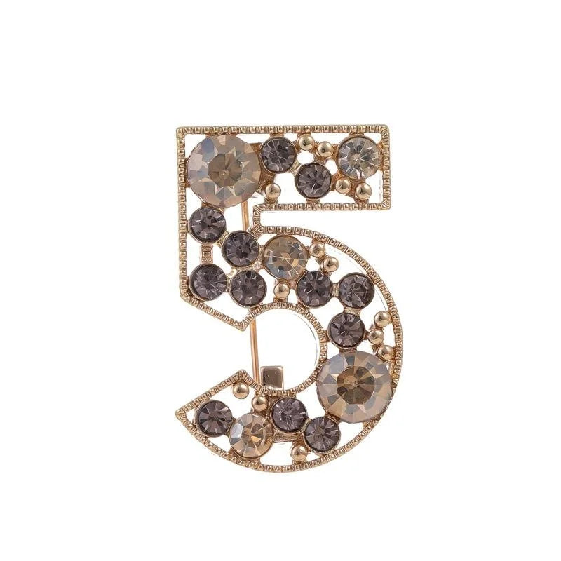 Elegant Number 5 Rhinestone Alloy Brooch Vintage Gold Tone Lapel Pin For Women's Suit Accessory Gift