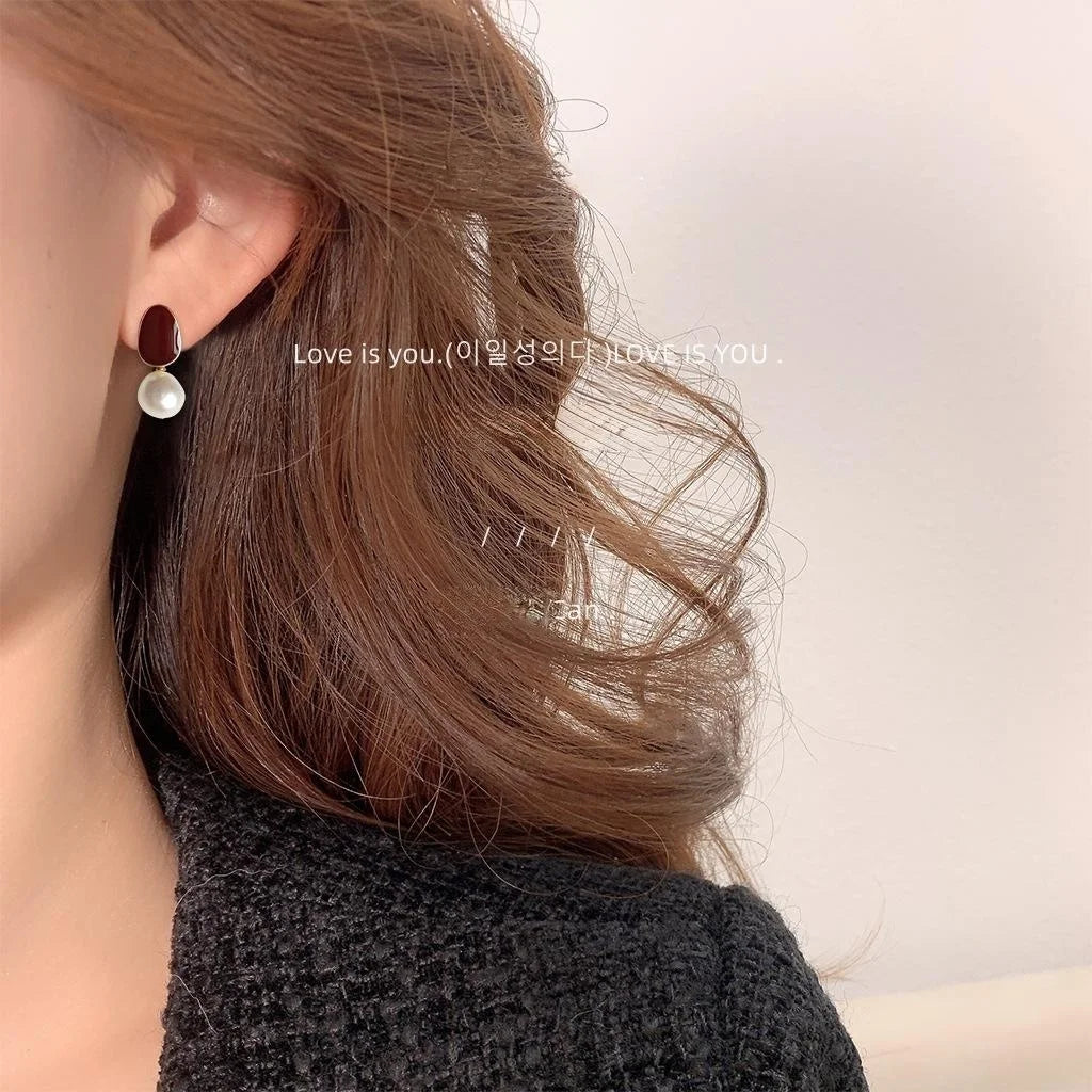 Baroque Irregular Freshwater Pearl Stud Earrings, 14K Plated Copper Burgundy Enamel Jewelry