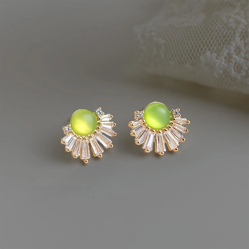 French Vintage 14K Gold Plated Eco Copper Fan Stud Earrings With Micro Pave Zircon Emerald Green Geometric Design