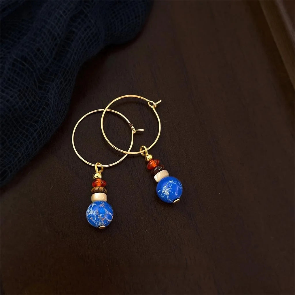 Vintage Ethnic Copper Hoop Earrings With Tiger Eye Agate Imperial Stone Shell Tassel