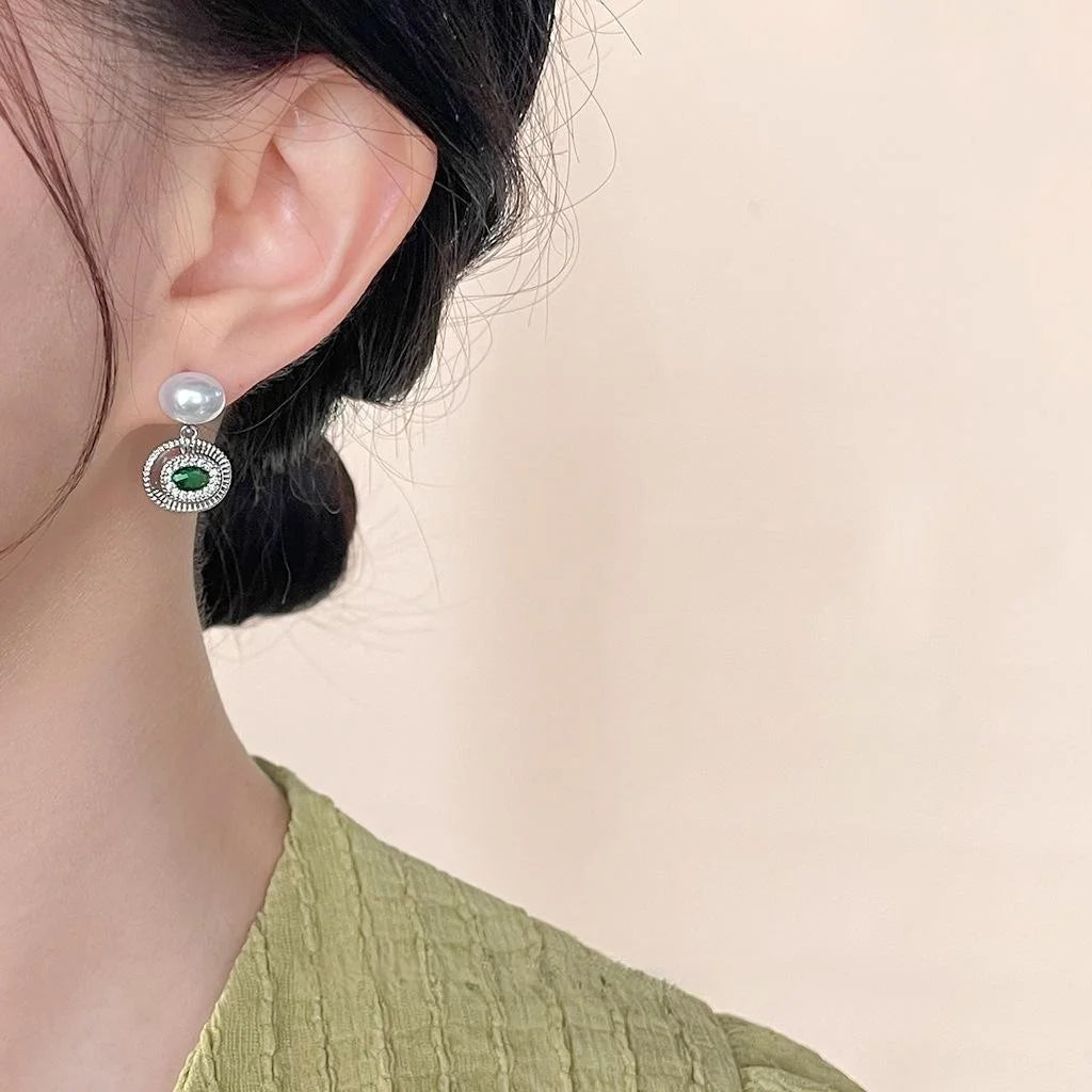Micro Pave Zircon Minimalist Silver Tone Copper Oval Emerald Geometric Drop Earrings