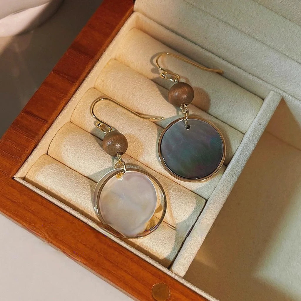 Vintage Palace Style Iridescent Black Shell Round Geometric Drop Earrings Handmade Jewelry
