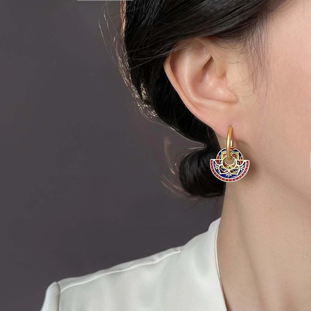 Vintage Ethnic Copper Handmade Painted Enamel Lotus Geometric Drop Earrings