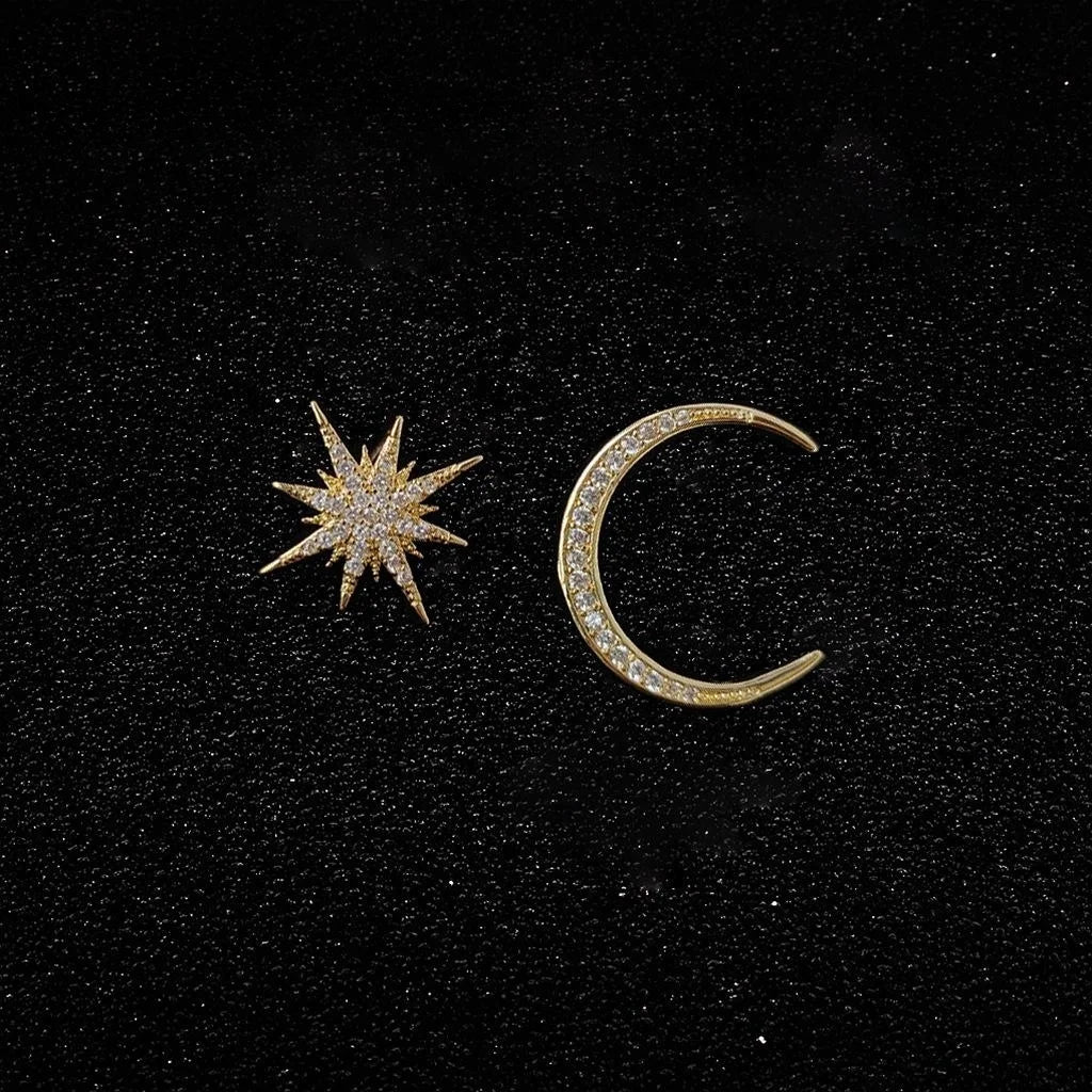 Asymmetric Star Moon Micro Pave Zircon Copper Stud Earrings For Women, Niche Geometric Fashion