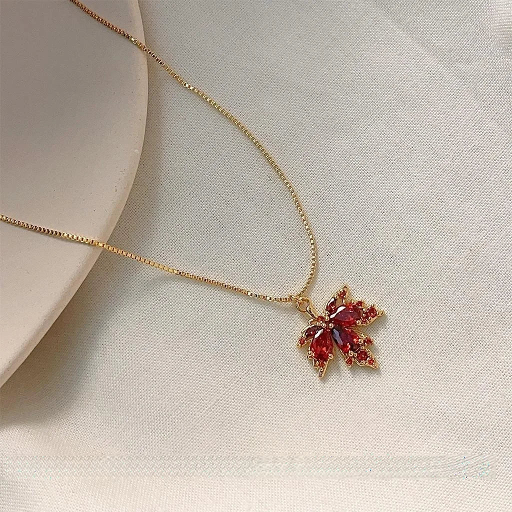 14K Gold Plated Copper Micro Pave Zircon Maple Leaf Pendant Necklace For Women