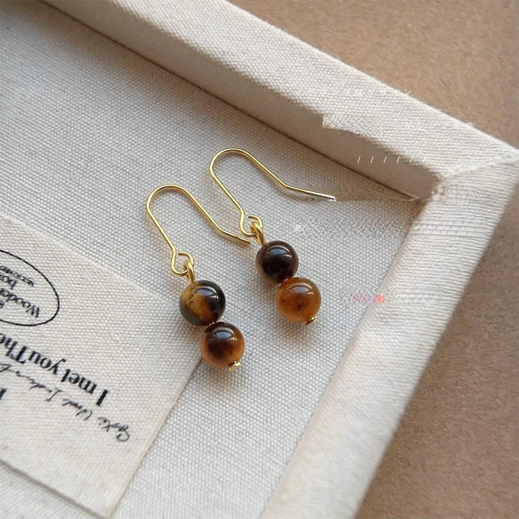 Handmade Tiger Eye Stone Copper Drop Earrings Vintage Maillard Geometric Round Jewelry
