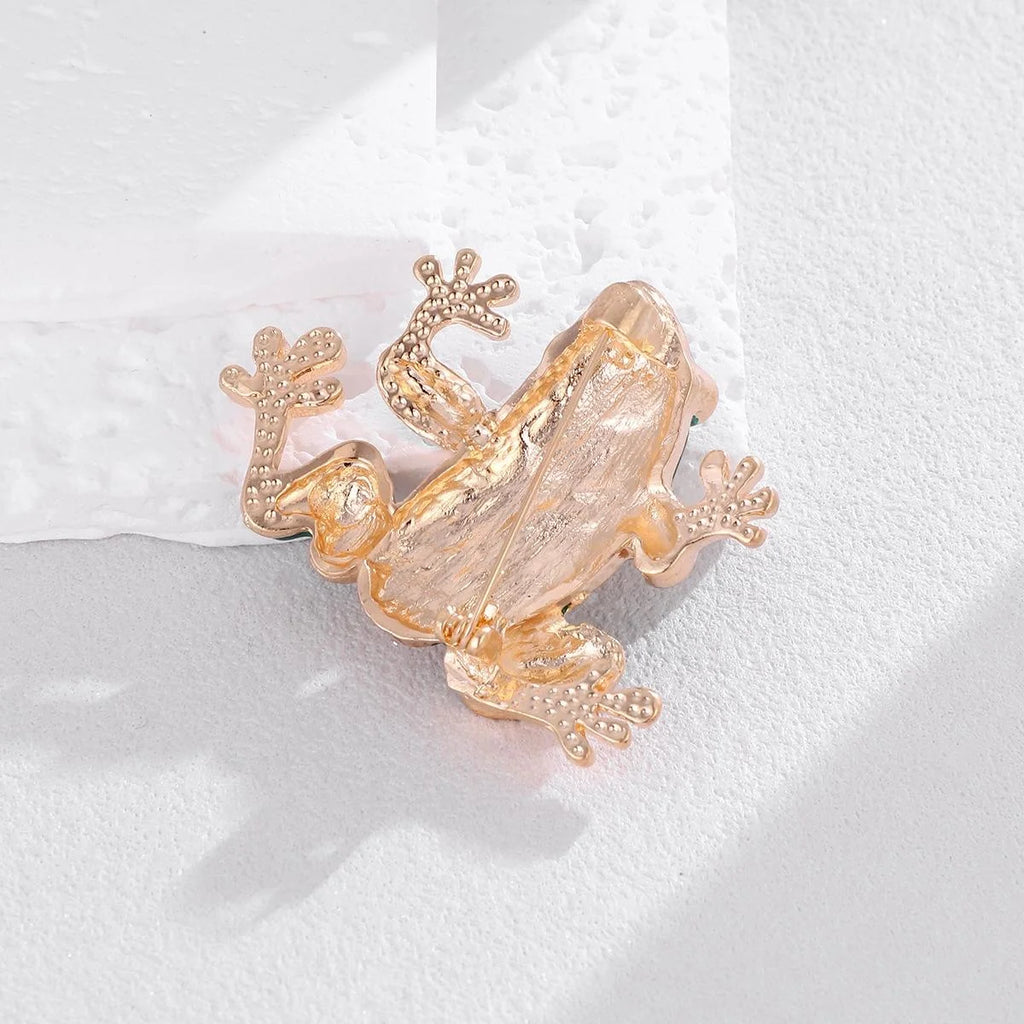 Cute Green Enamel Frog Brooch With Rhinestones, Gold Tone Alloy Lapel Pin Corsage Suit Accessory Gift