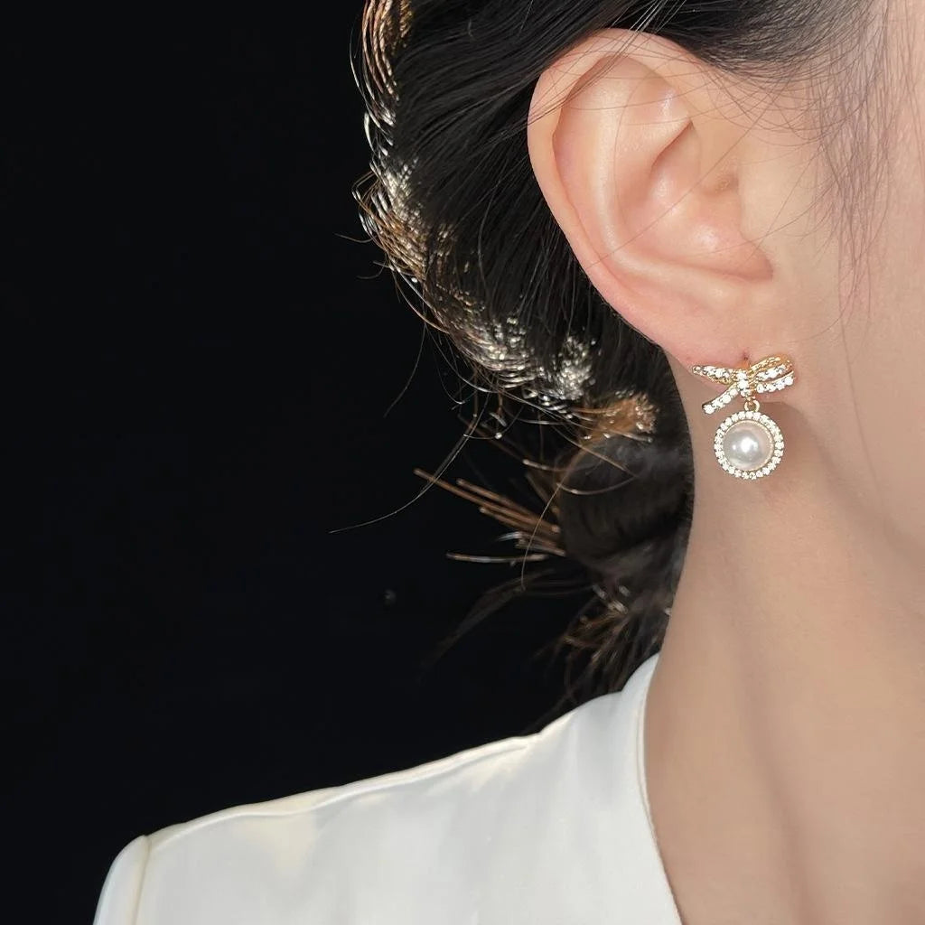 French Vintage Bow Drop Earrings Eco-Friendly Copper Pearl Micro Pave Zircon Hepburn Style Jewelry
