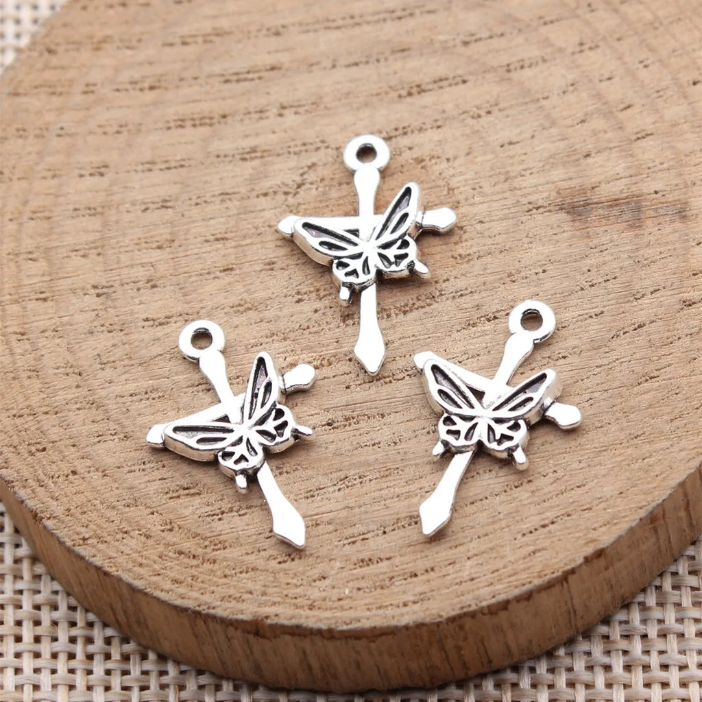 20x13mm 0.6g Antique Silver Zinc Alloy Butterfly Cross Charm Pendant for DIY Necklace Bracelet Jewelry