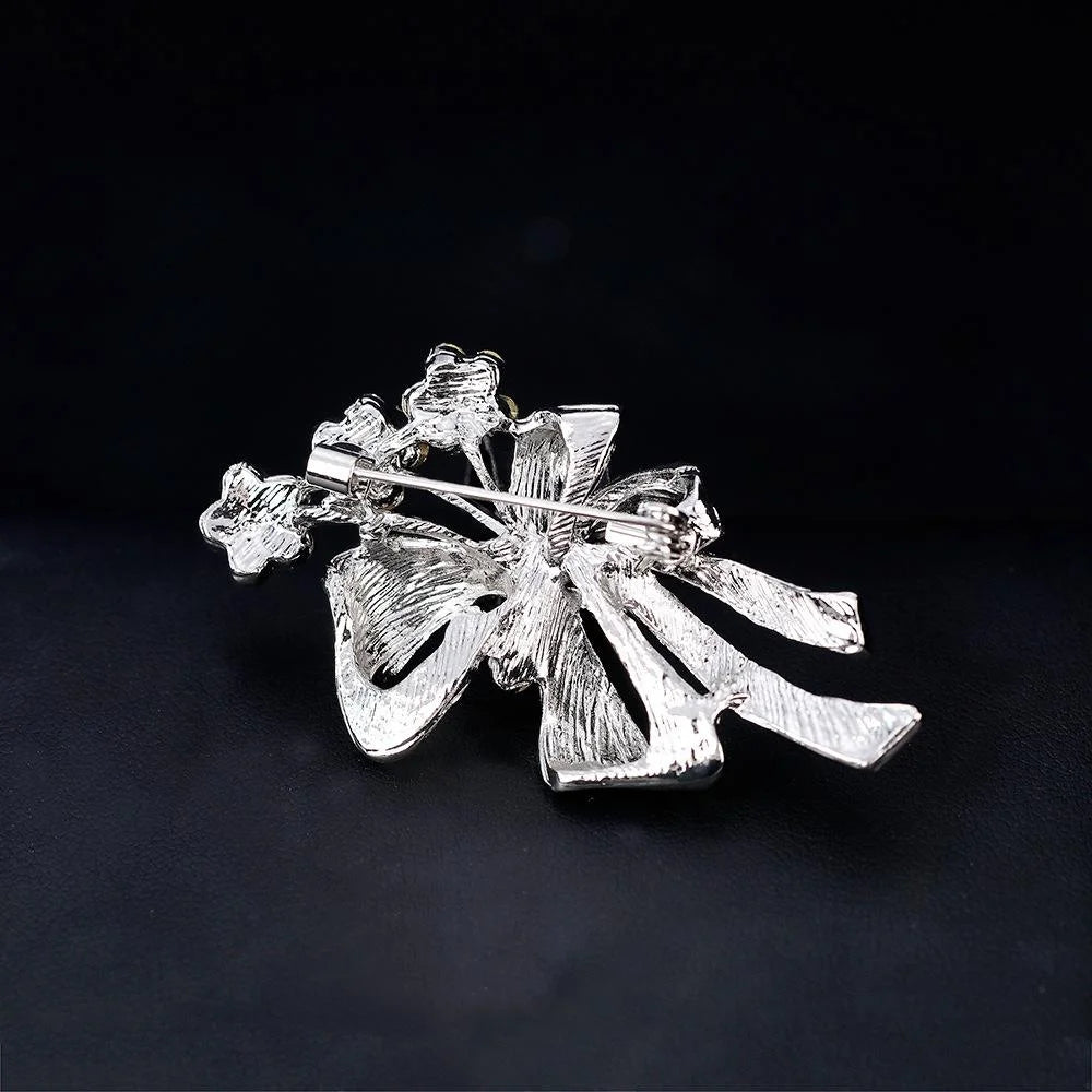 Elegant Silver Alloy Hollow Bow Brooch With Rhinestone Flowers, Women's Lapel Pin Corsage Gift