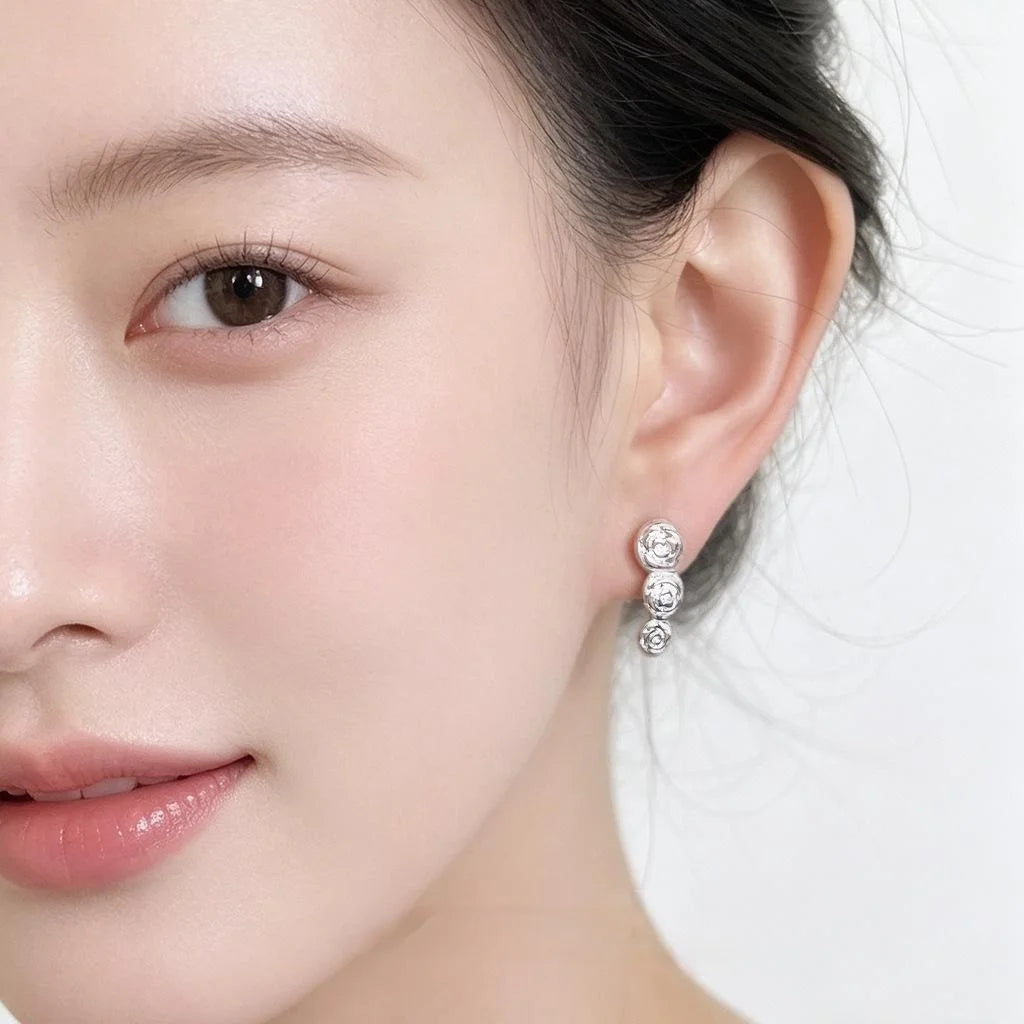 New Chinese Style Silver Rose Stud Earrings Eco-Friendly Copper 3D Floral Minimalist Jewelry
