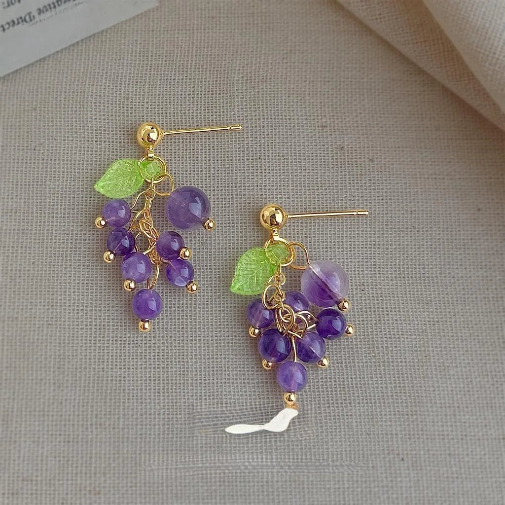Natural Amethyst Grape Cluster Stud Earrings Handmade Fresh Sweet Forest Style Jewelry