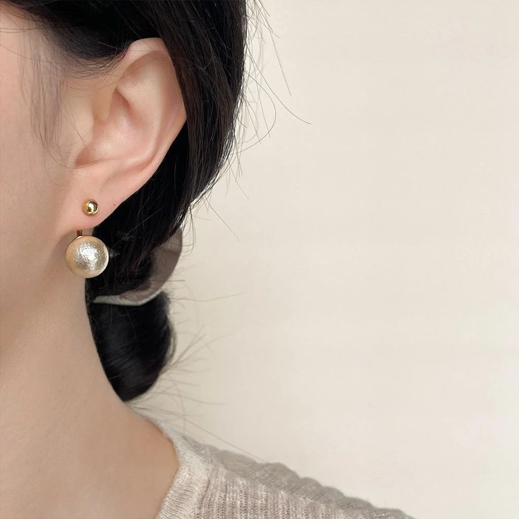 Two-Way Cotton Pearl Drop Earrings, Round Geometric Light Luxury Commuter Ear Jewelry
