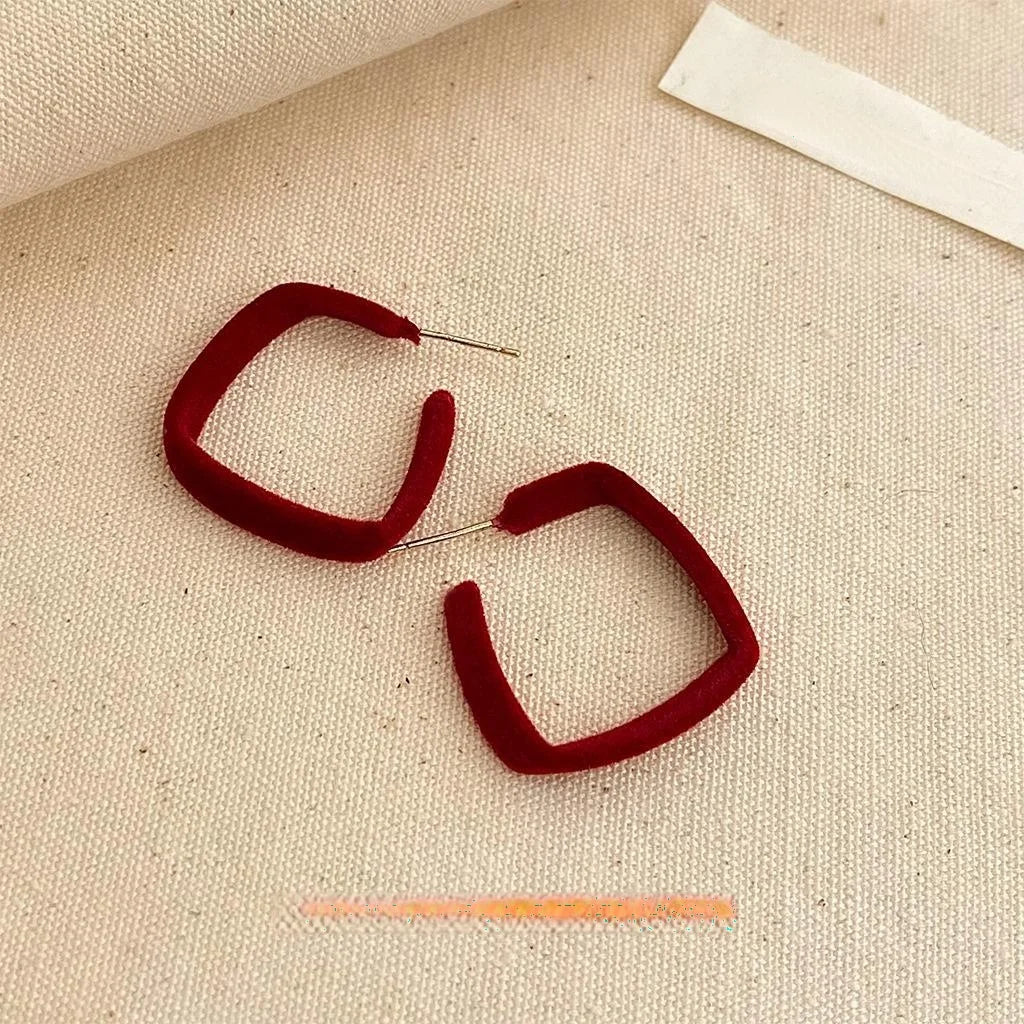 Burgundy Flocked Copper Geometric Ring Square Drop Earrings Vintage Hong Kong Style
