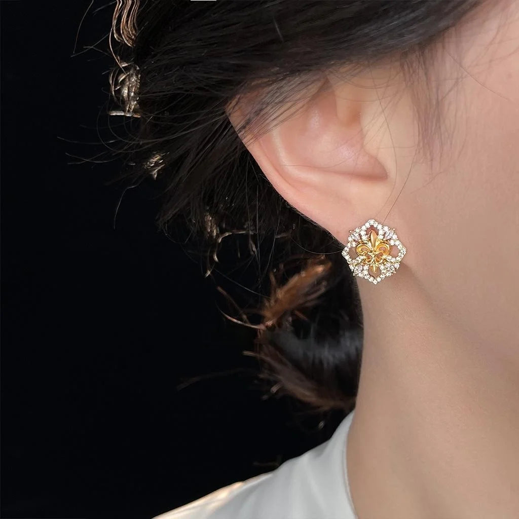 14K Plated Copper Iris Flower Stud Earrings Micro Pave Zircon Luxury Women's Jewelry