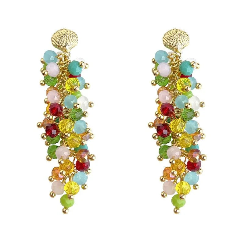 Boho Vacation Style Glass Crystal Tassel Drop Earrings, Colorful Handmade Copper Geometric Jewelry