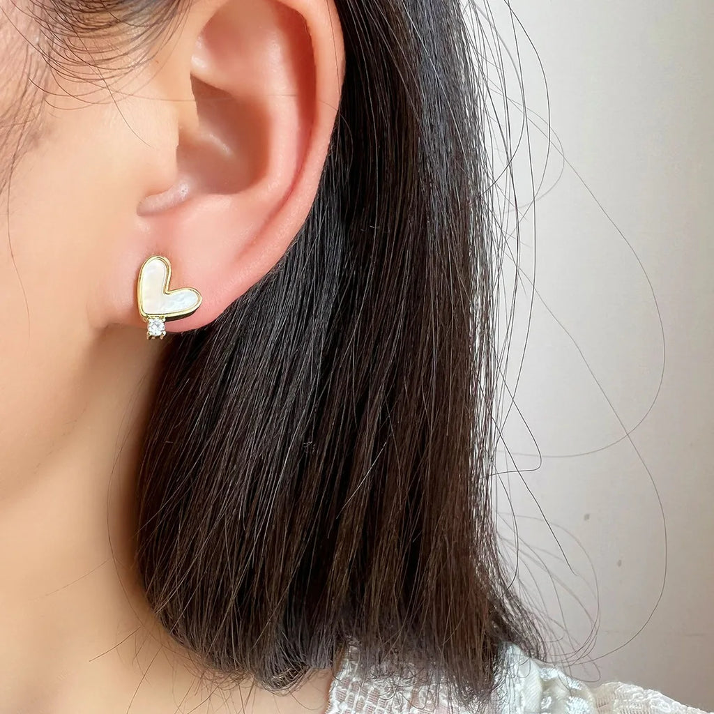 Vintage Mother Of Pearl Heart Rose Alloy Zircon Stud & Clip On No Piercing Women's Earrings