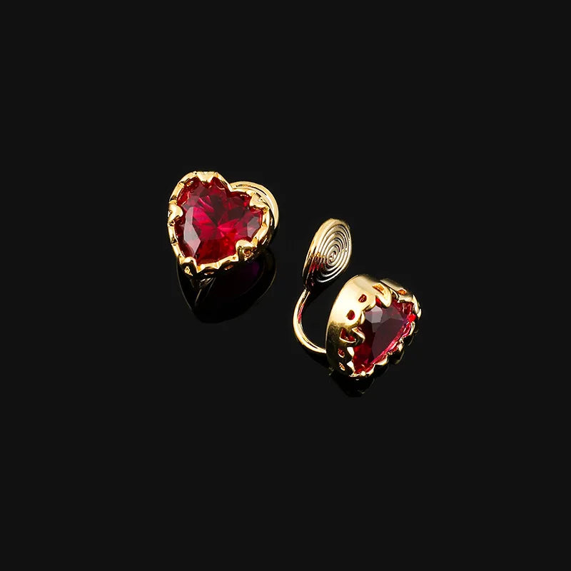 Elegant Rose Red Heart Zircon Gold Tone Alloy Stud & Clip On No Piercing Minimalist Everyday Earrings