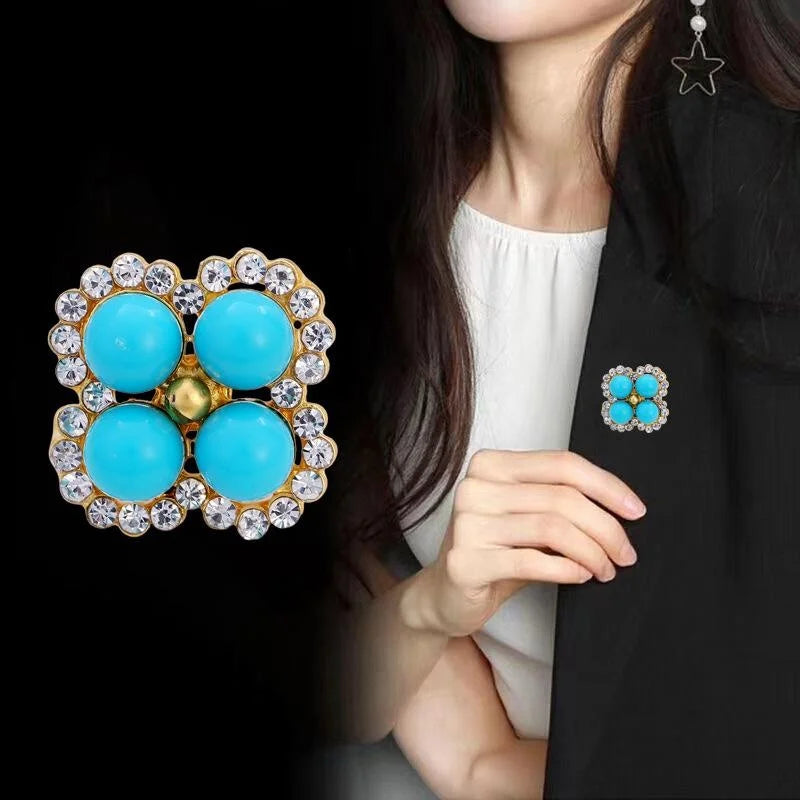 Elegant Faux Turquoise Four Leaf Clover Brooch With Rhinestone Trim, Lucky Lapel Pin Suit Accessory Gift