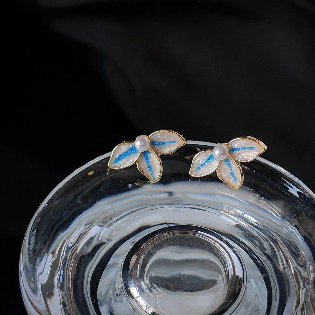 14K Gold Plated Copper Blue Enamel Flower Stud Earrings Fresh Minimalist Jewelry For Women