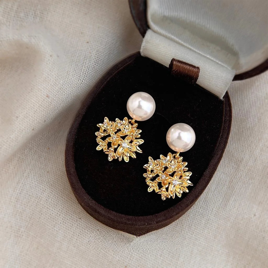 Light Luxury Hydrangea Flower Copper Drop Earrings With Glass Pearls And Micro Pave Zirconia