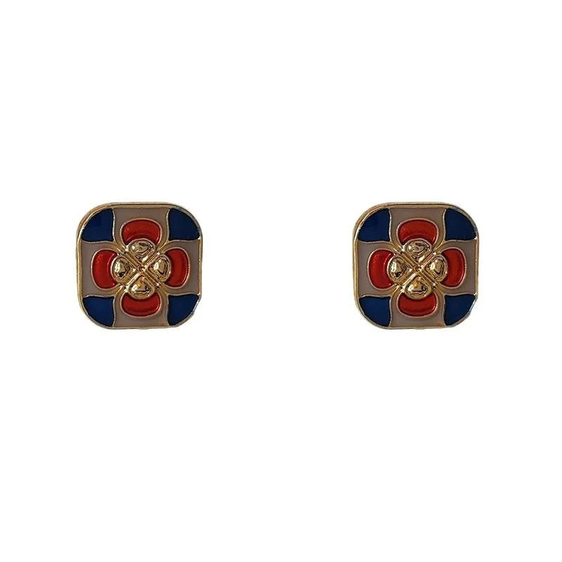 14K Plated Copper Rose Geometric Enamel Stud Earrings Vintage Tibetan Ethnic Style