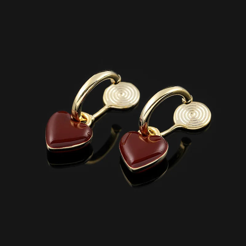 Vintage Red Enamel Heart Gold Alloy Hoop Stud & Clip On No Piercing Hong Kong Style Earrings