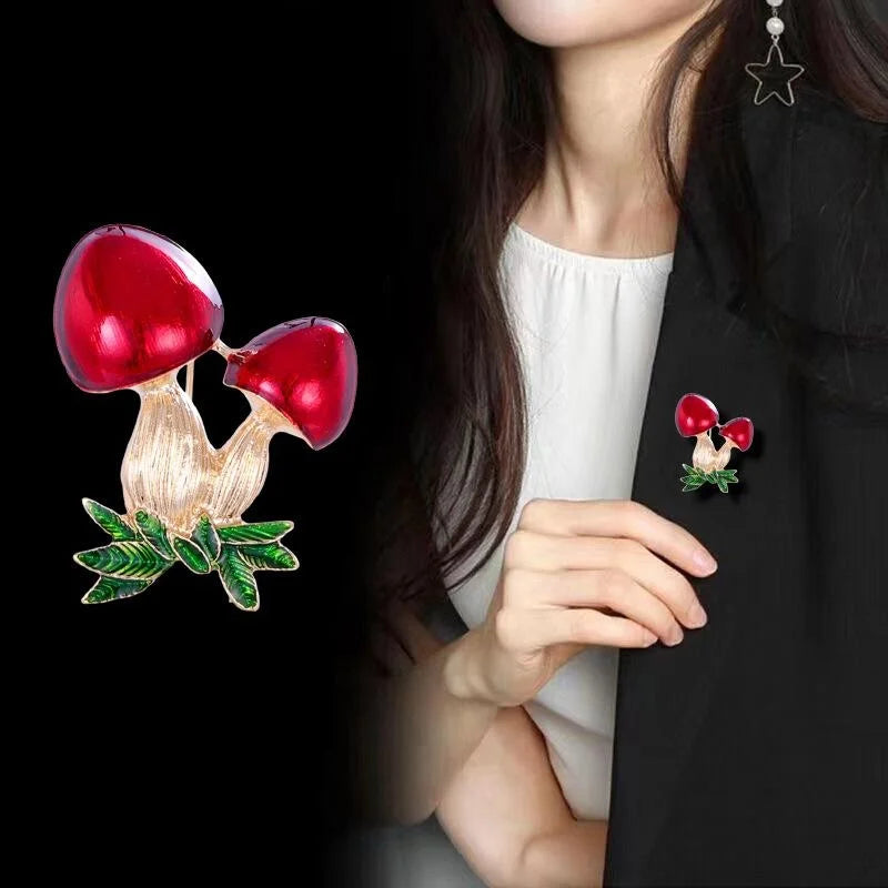 Cute Enamel Mushroom Brooch With Green Leaves, Alloy Cartoon Fungi Lapel Pin Corsage Gift For Women