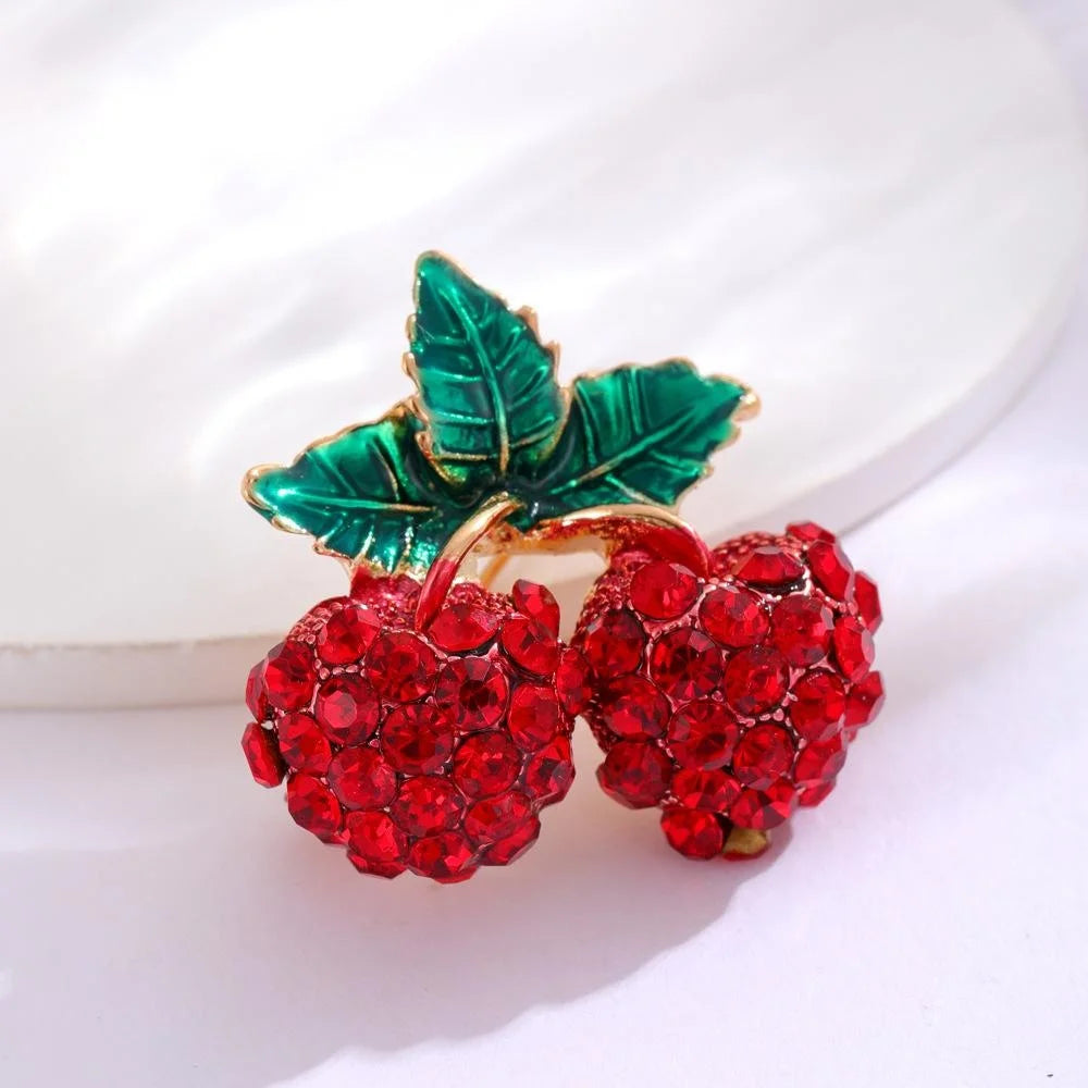 Cute Red Raspberry Cherry Brooch With Rhinestone Berries And Green Enamel Leaves, Alloy Lapel Pin Gift