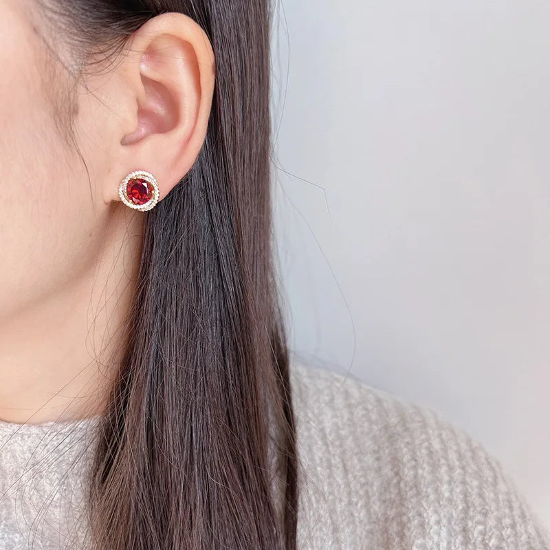 Elegant Round Deep Red Zircon Halo Stud & Clip On No Piercing Gold Alloy Luxury Party Earrings