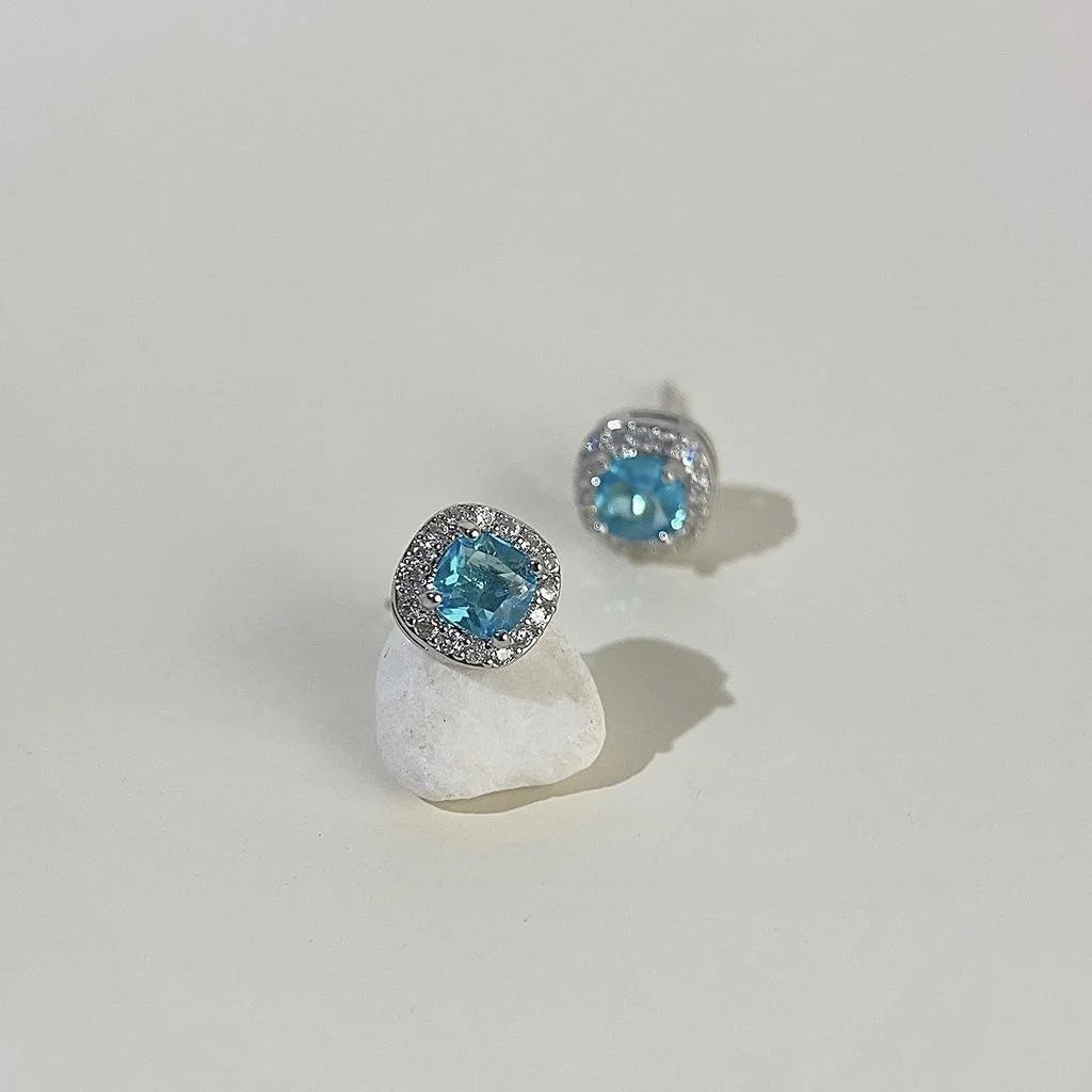 Minimalist Aqua Blue Square Geometric Zircon Stud Earrings Copper Fashion Jewelry