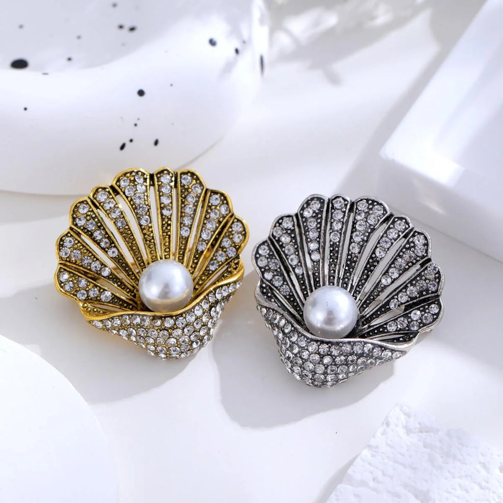 Vintage Rhinestone Shell Brooch With Faux Pearl, Elegant Gold Tone Lapel Pin Suit Accessory Gift