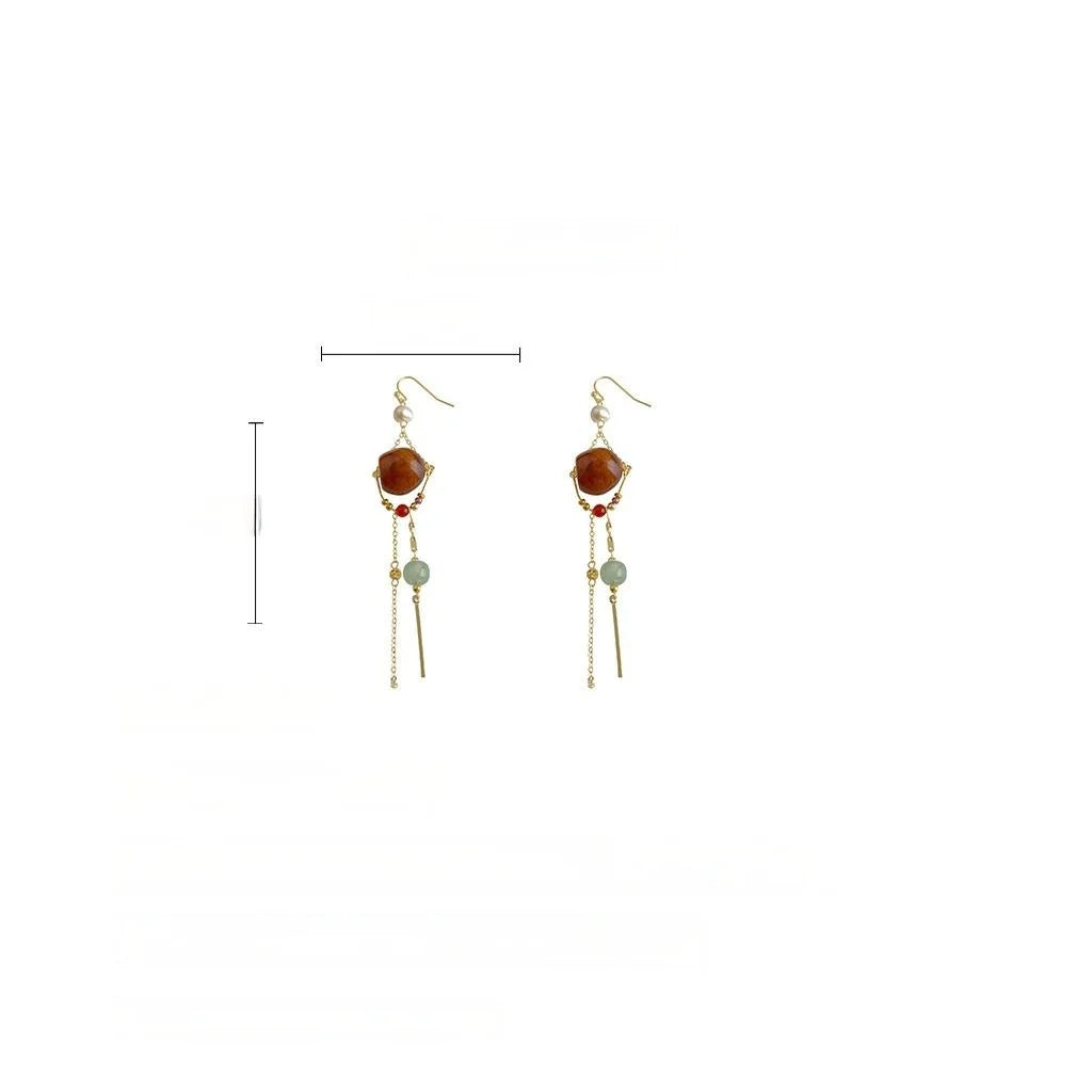 Maillard Style Copper Red Agate Aventurine Geometric Tassel Drop Earrings For Women