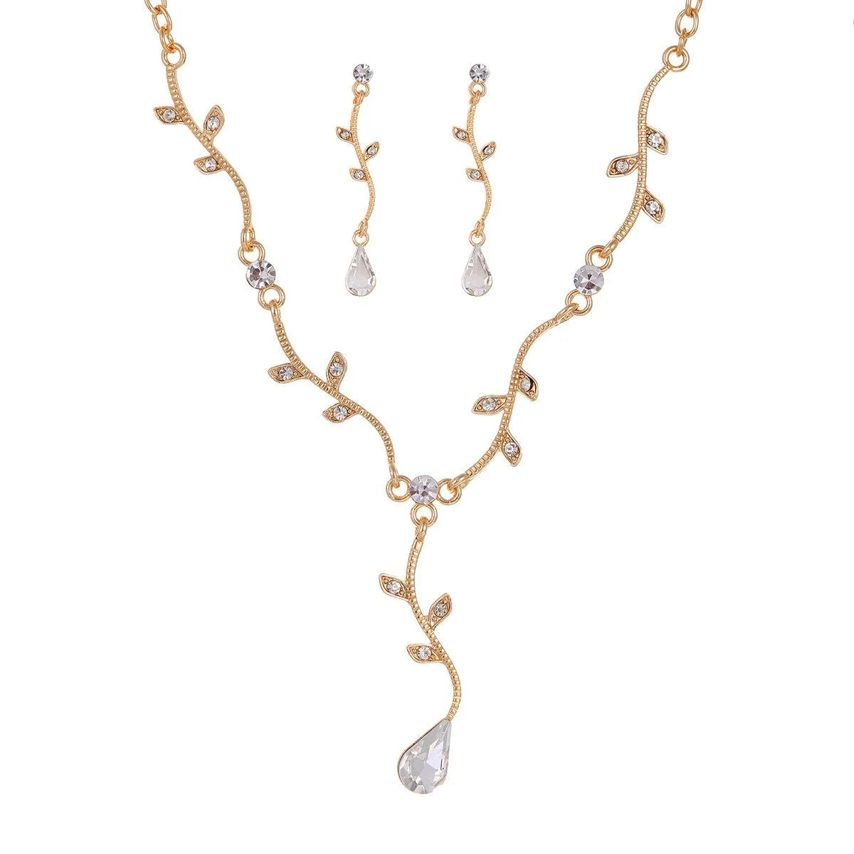 Elegant Silver Branch Leaf Zircon Crystal Teardrop Earrings And Necklace Jewelry Set For Wedding Party Gift