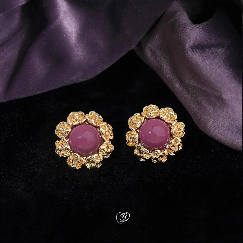 Vintage Court Style Floral Round Copper Stud Earrings, French Elegant Jewelry