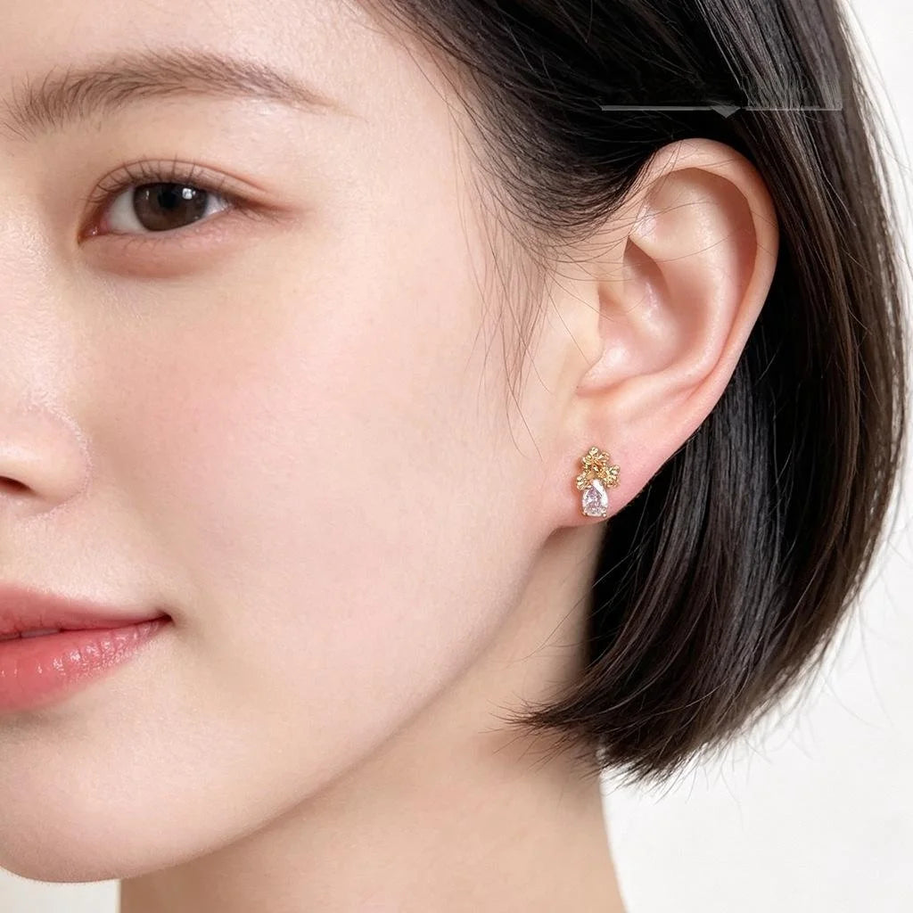 Mini Osmanthus Flower Stud Earrings Copper Zircon Teardrop Simple Modern Light Luxury Jewelry