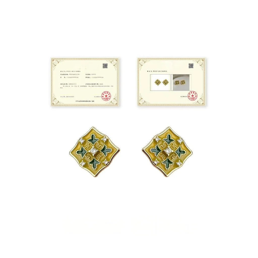Light Luxury Copper Enamel Geometric Flower Stud Earrings With Zircon And Silver Plated Pins