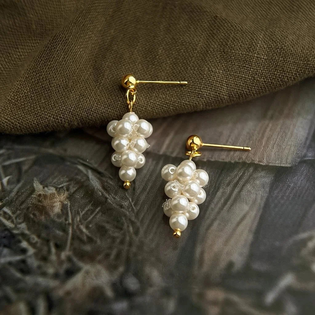 French Elegant Handmade Grape Cluster Pearl Copper Drop Earrings Sweet Geometric Jewelry