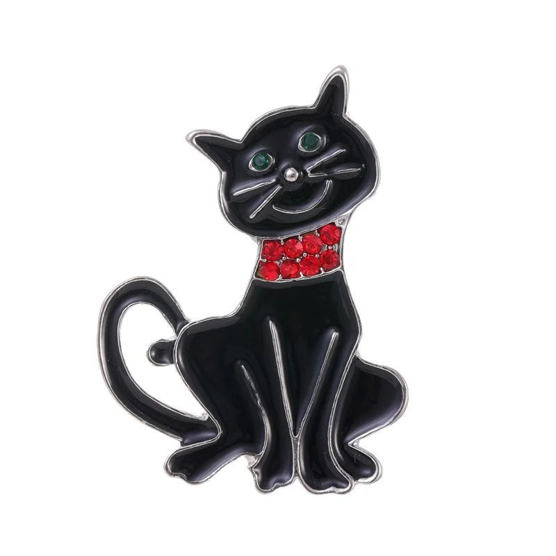 Cartoon Black Cat Enamel Alloy Brooch With Rhinestone Collar, Cute Halloween Lapel Pin Corsage Gift